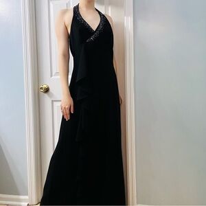 Vintage Y2K Dress Formal Halter Black Ruffle Beaded Long Whimsigoth Size Medium